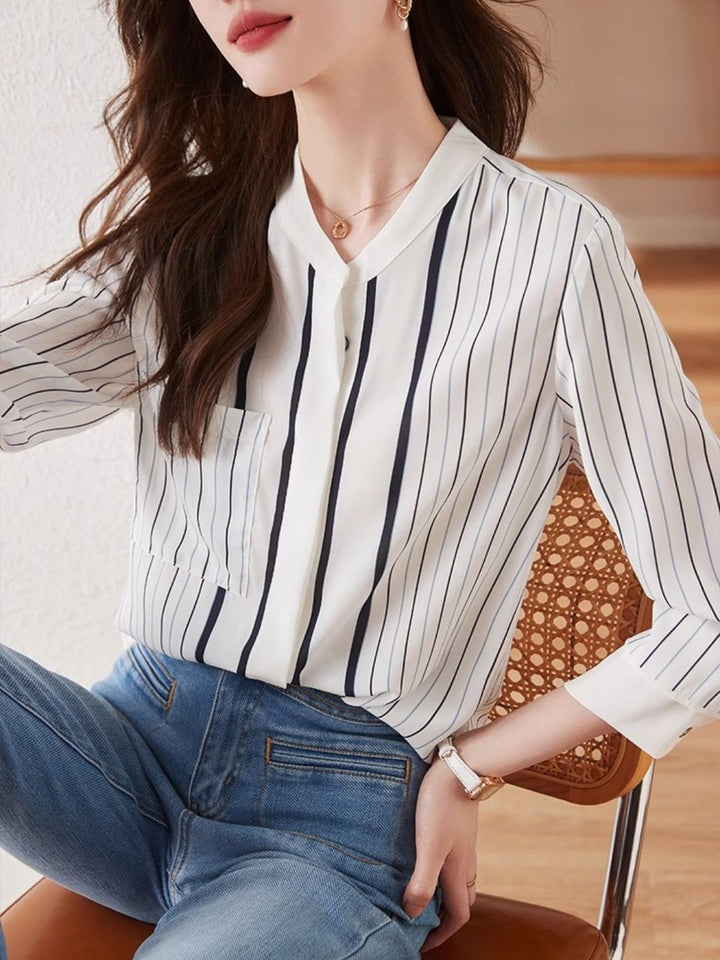 Striped Stand Collar Chiffon Shirt