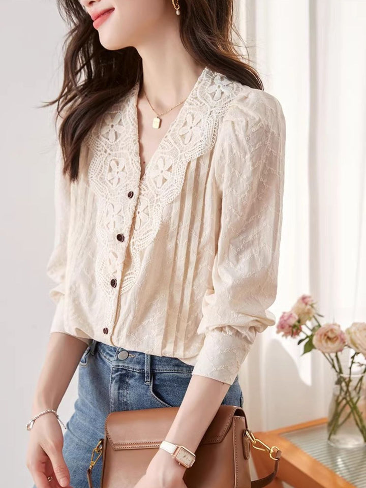 V-neck Lace Shirt Long Sleeve Top