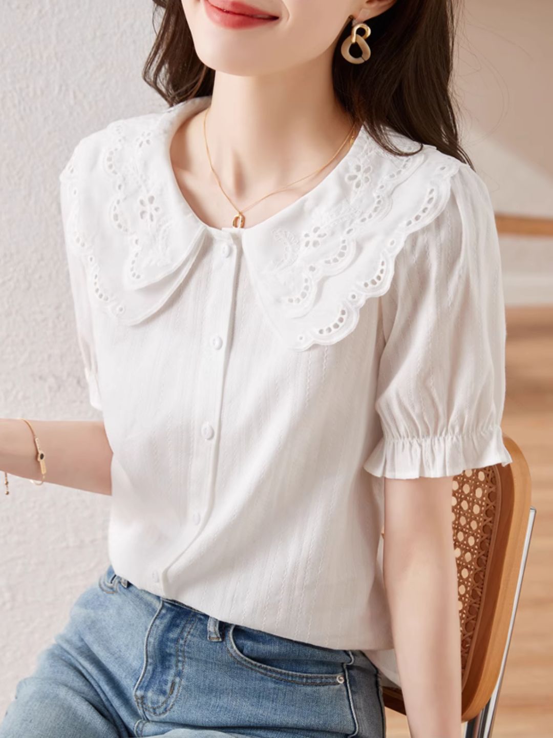 French Lace Double Collar Puff Sleeve Shirt - Pink