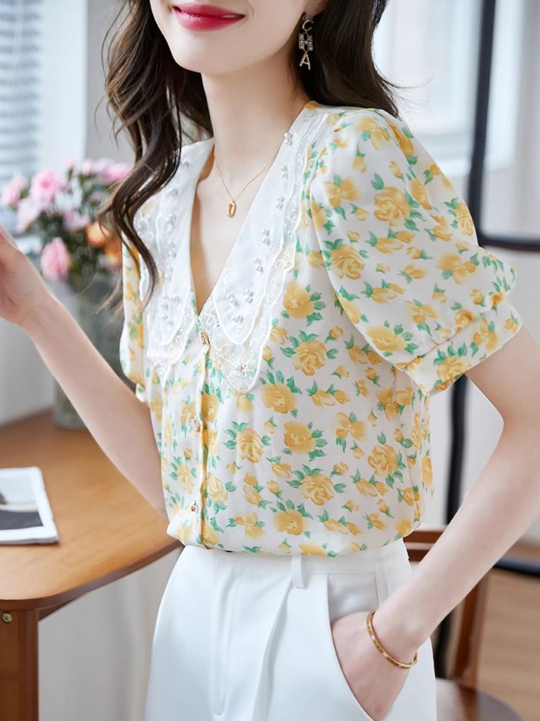 Classic Floral Printed Beaded Chiffon Shirt -Pink