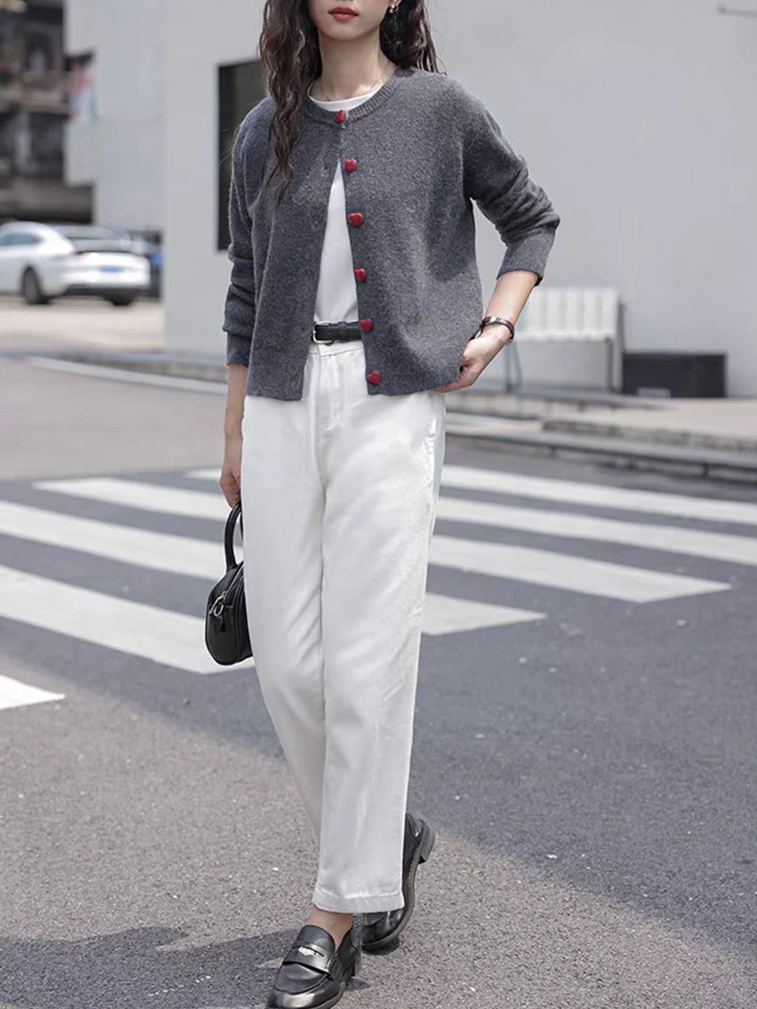 Elegant Crew Neck Heart Button Knitted Cardigan