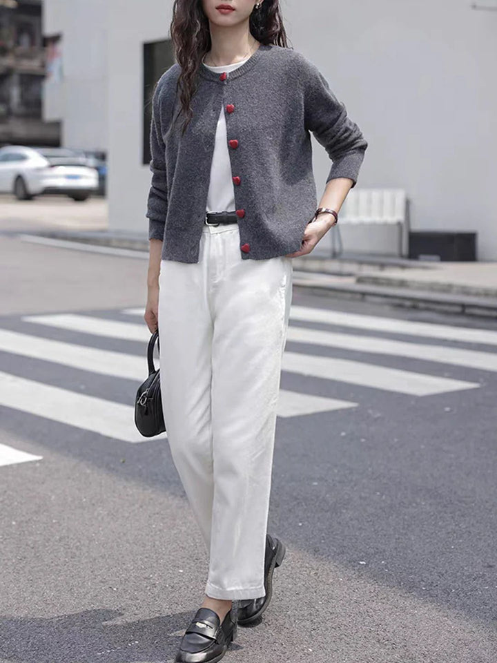 Elegant Crew Neck Heart Button Knitted Cardigan