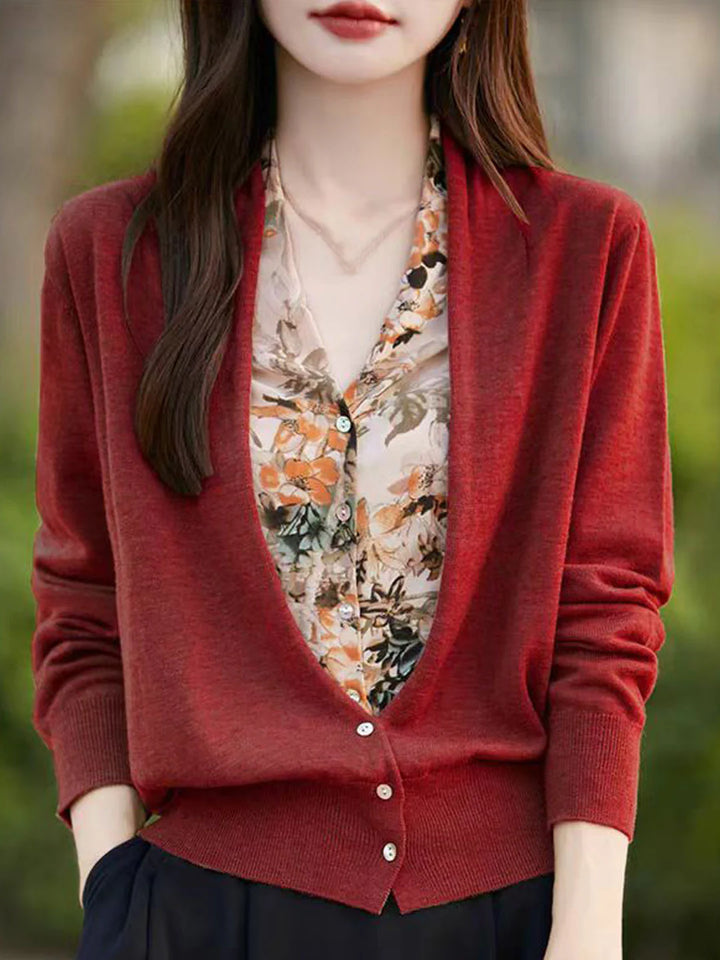 Casual V-Neck Printed Knitted Cardigan