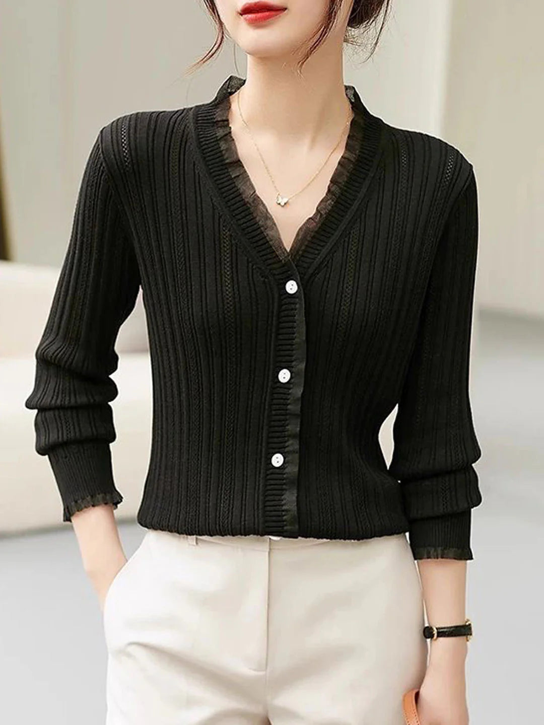 Vintage V-Neck Knitted Cardigan -Blue