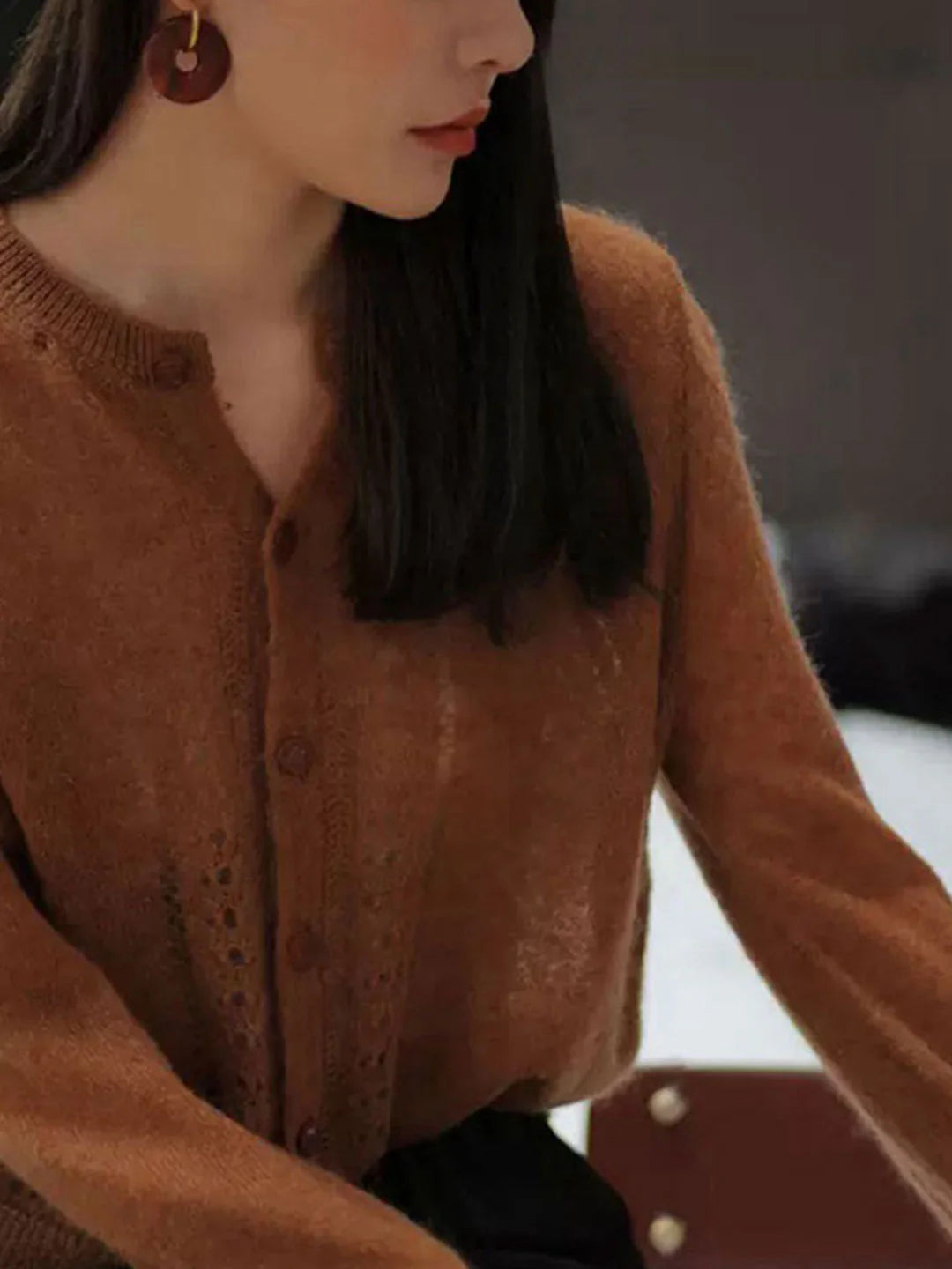 Retro Crew Neck Crochet Knitted Cardigan