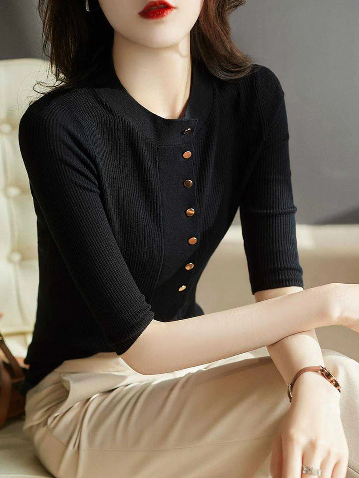 Crew Neck Solid Color Button Knitted Top