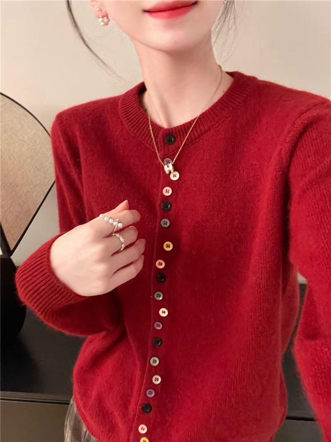 Classic Crew Neck Colorful Button Knit Cardigan - Red
