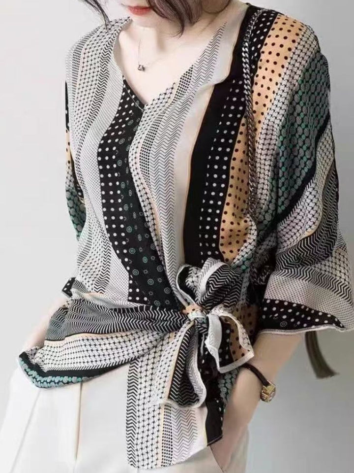 Retro V-Neck Irregular Contrast Color Shirt