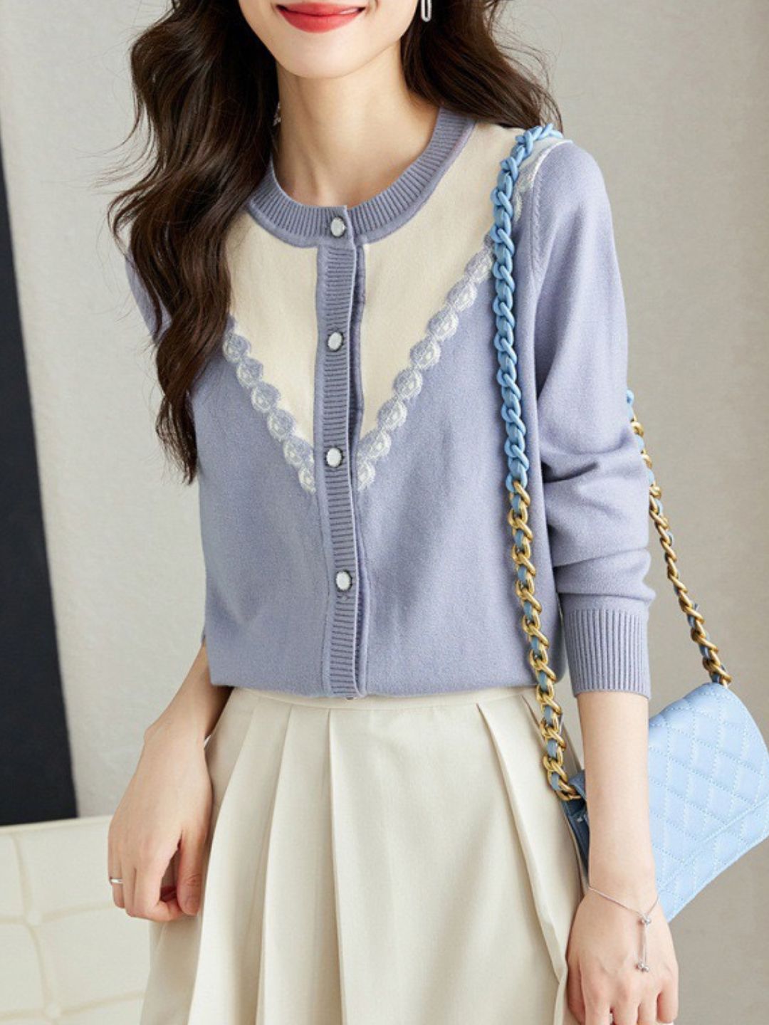 Contrast Color Cardigan - Blue