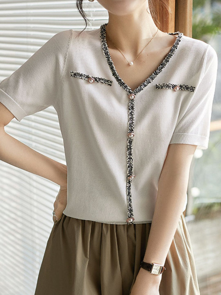 Classic Loose V-Neck Fringe Panel Top