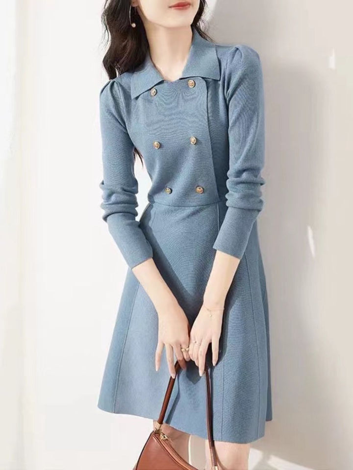 Lapel Knitted Sweater Dress -Black