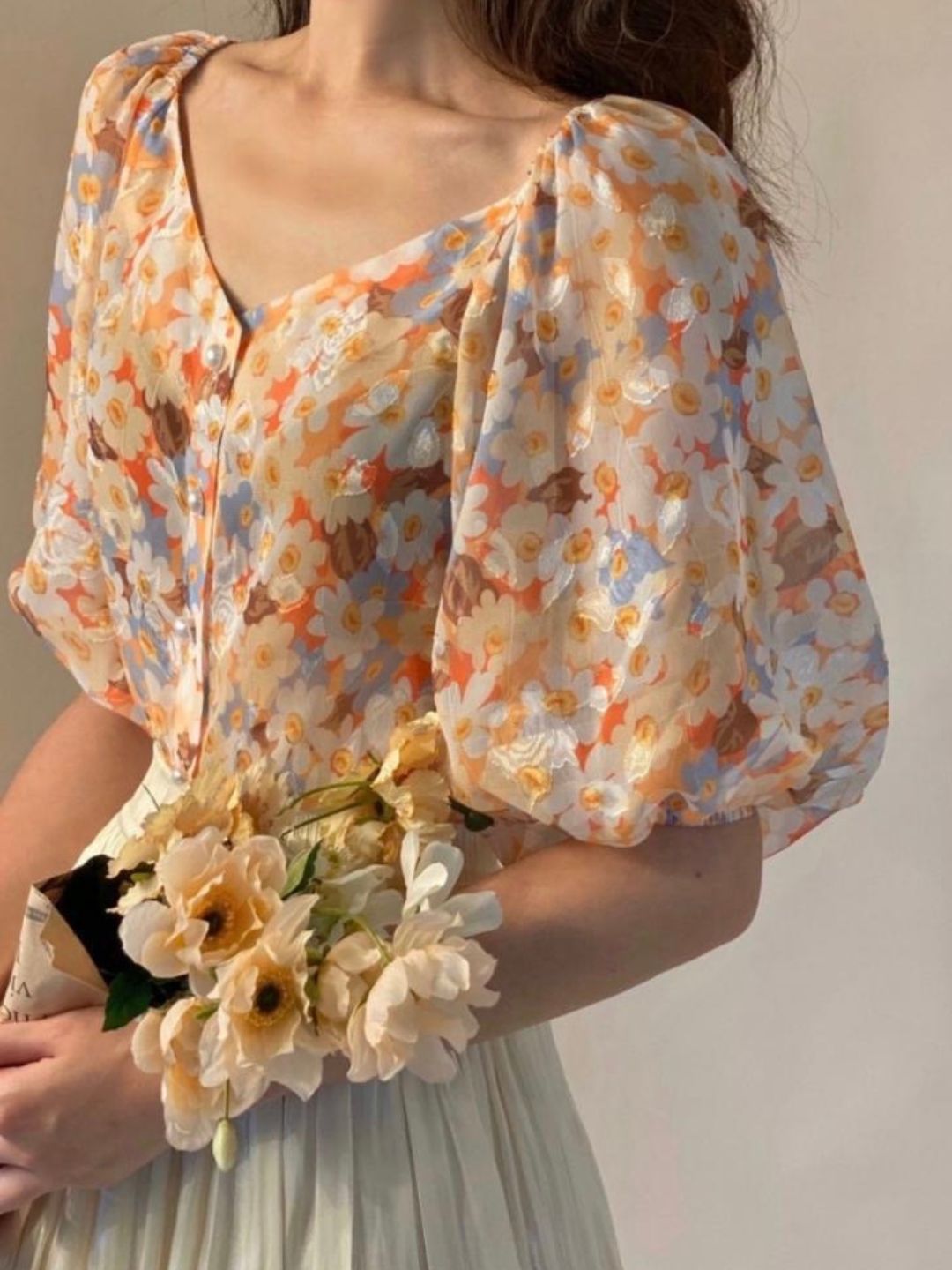 Purple V-neck Puff Sleeve Short Sleeves