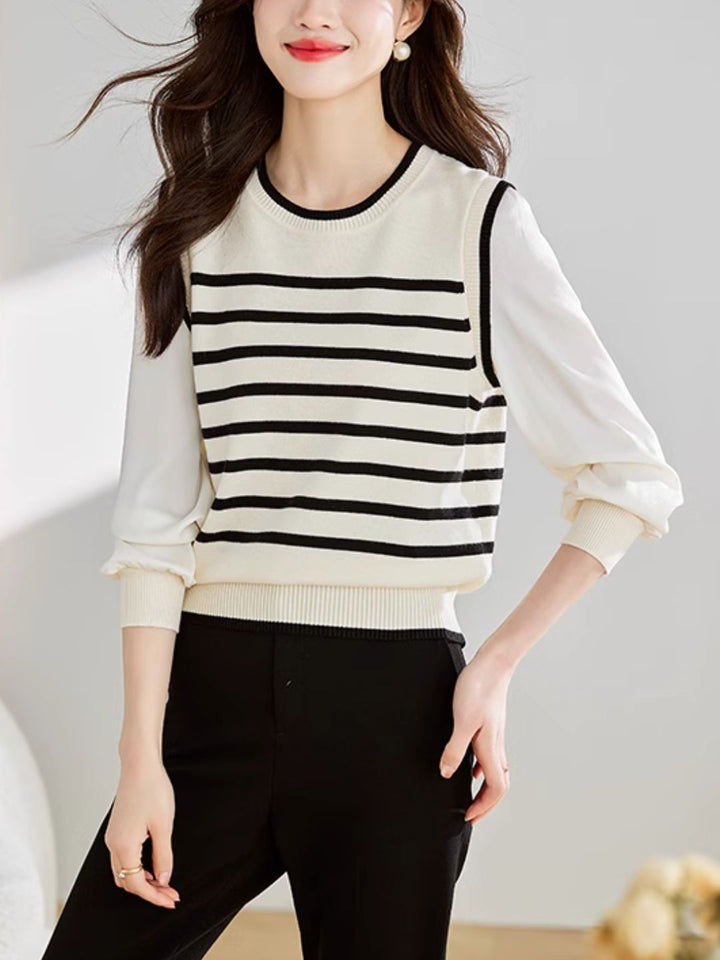 Long Sleeve Fake Two-Piece Striped Knit Top