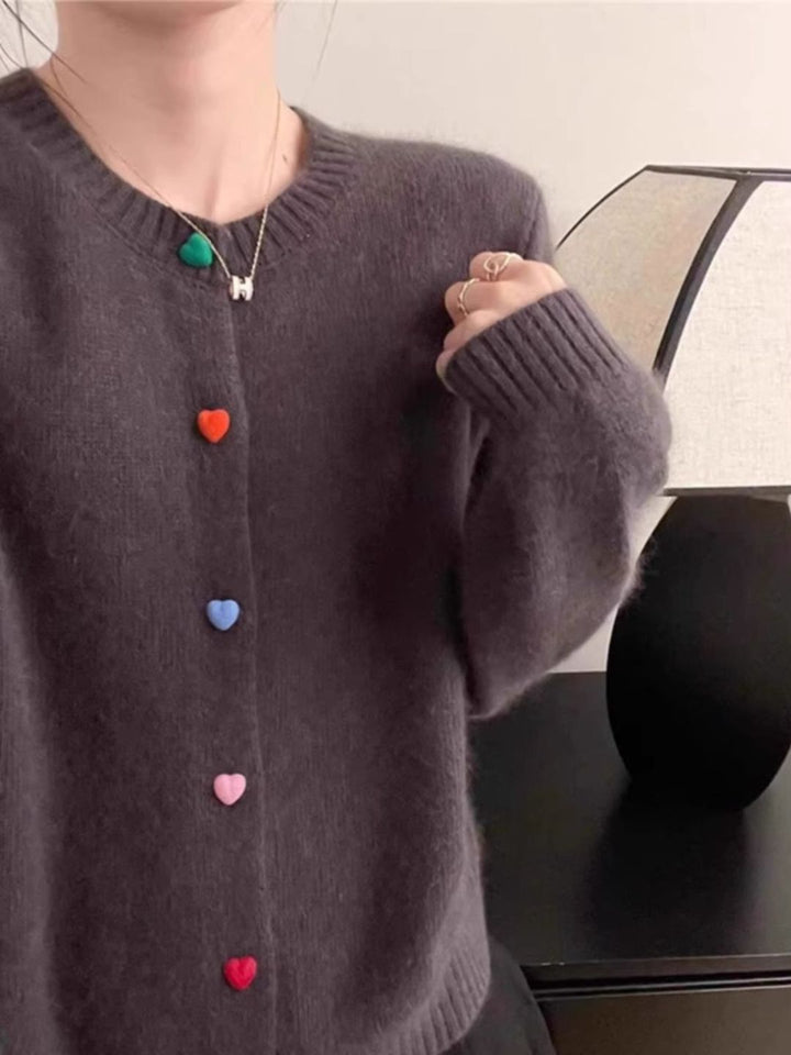 Chic Round Neck Colorful Heart Button Sweater - Grey
