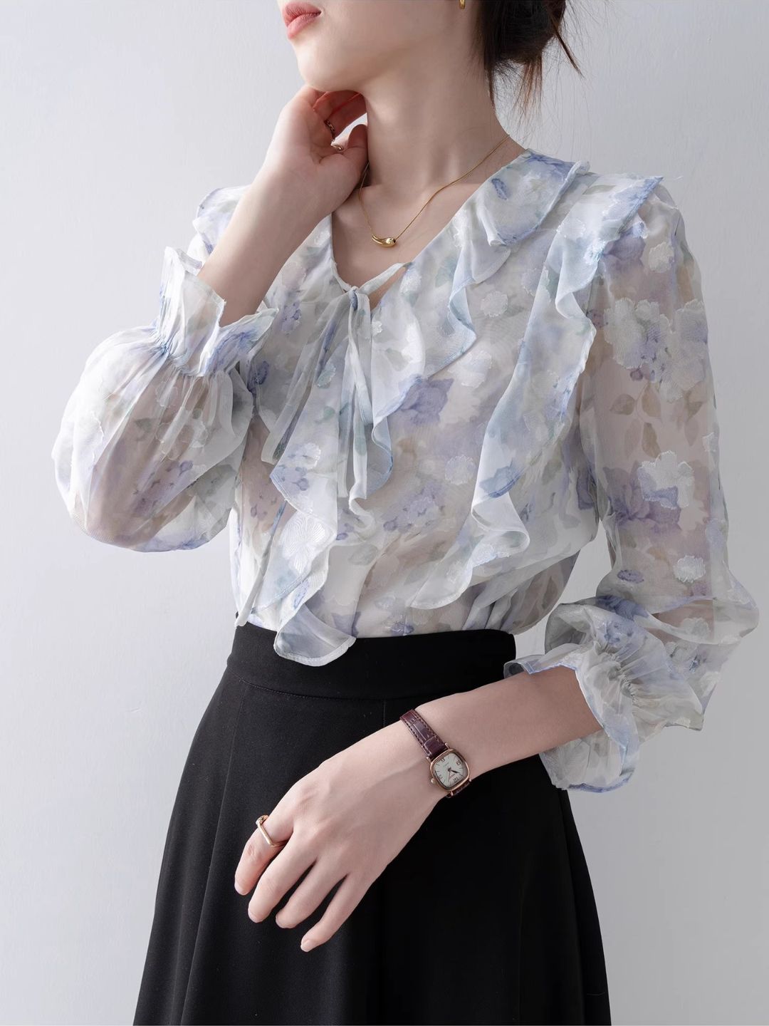 Elegant V-Neck Printed Chiffon Top