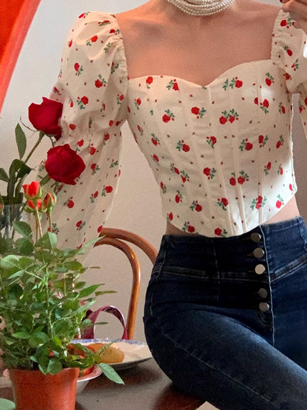 Square Collar Floral Short Shirt Puff Sleeve Top