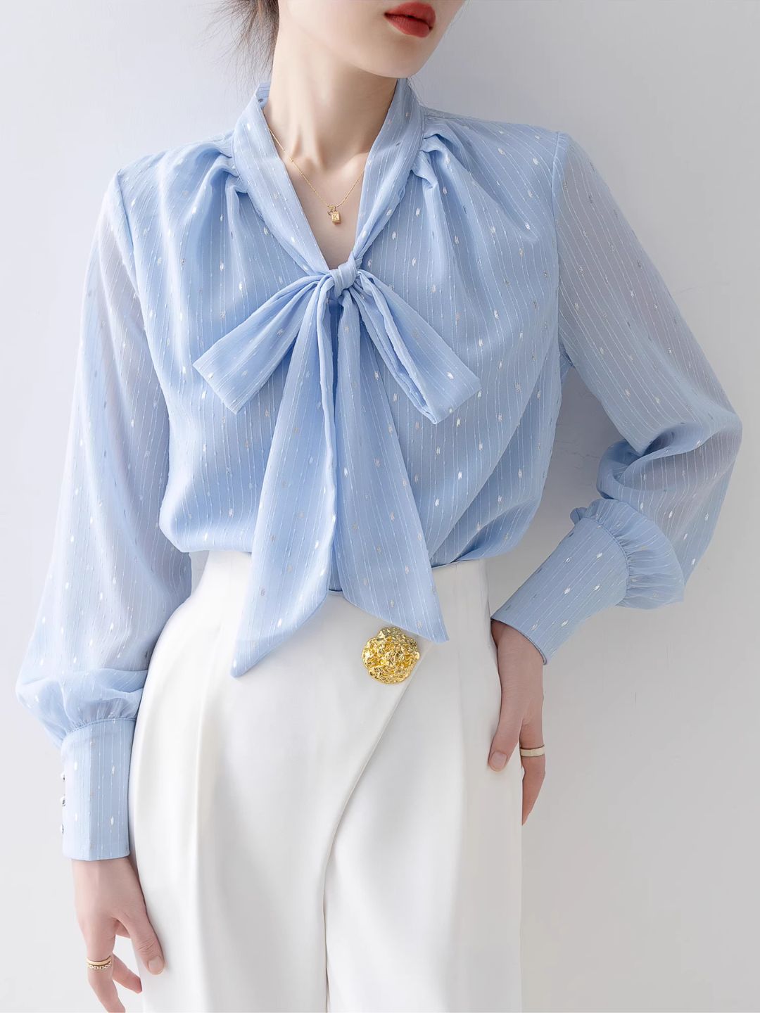 Loose V-Neck Bow Shirt