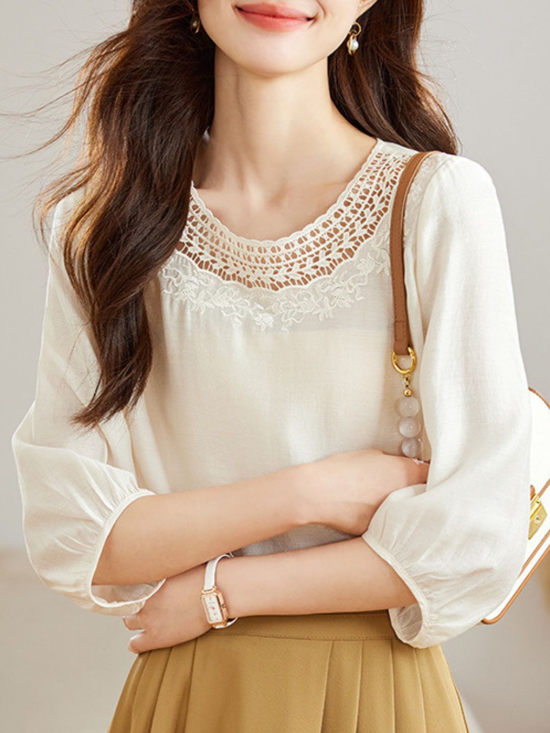 Retro Round Neck Solid Color Hollow Top