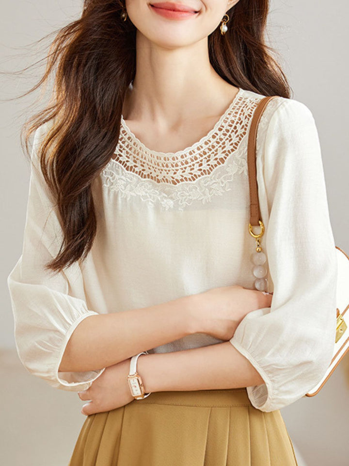 Retro Round Neck Solid Color Hollow Top