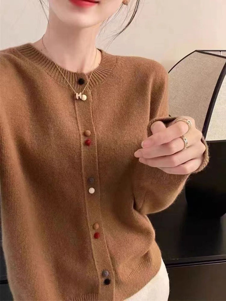 Vintage Crew Neck Knit Cardigan - Red