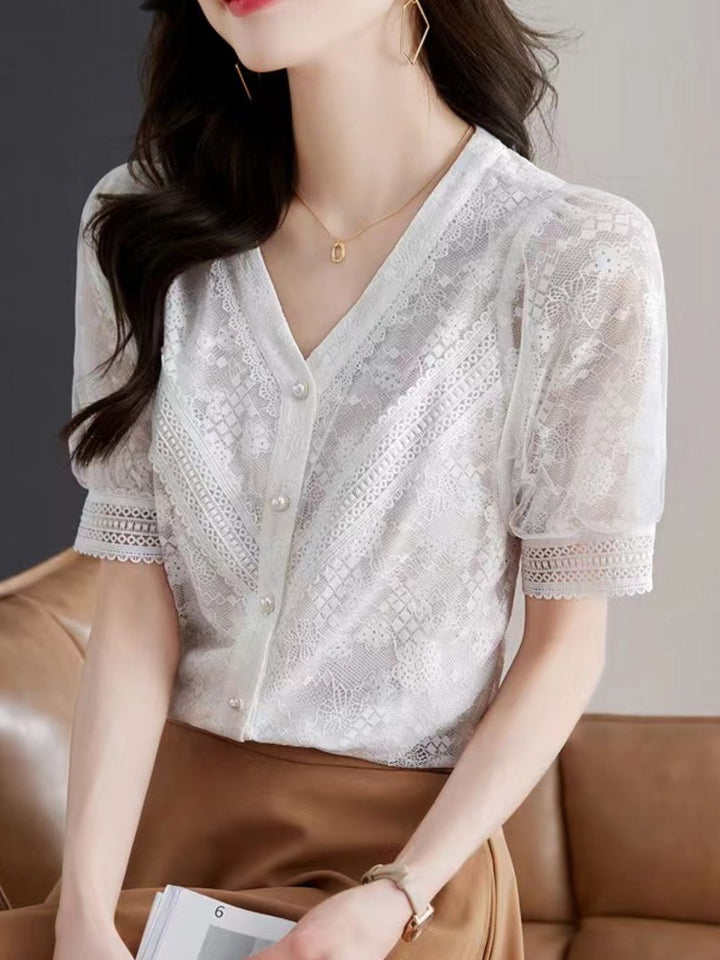 V-neck Short-sleeved Llace Chiffon Shirt