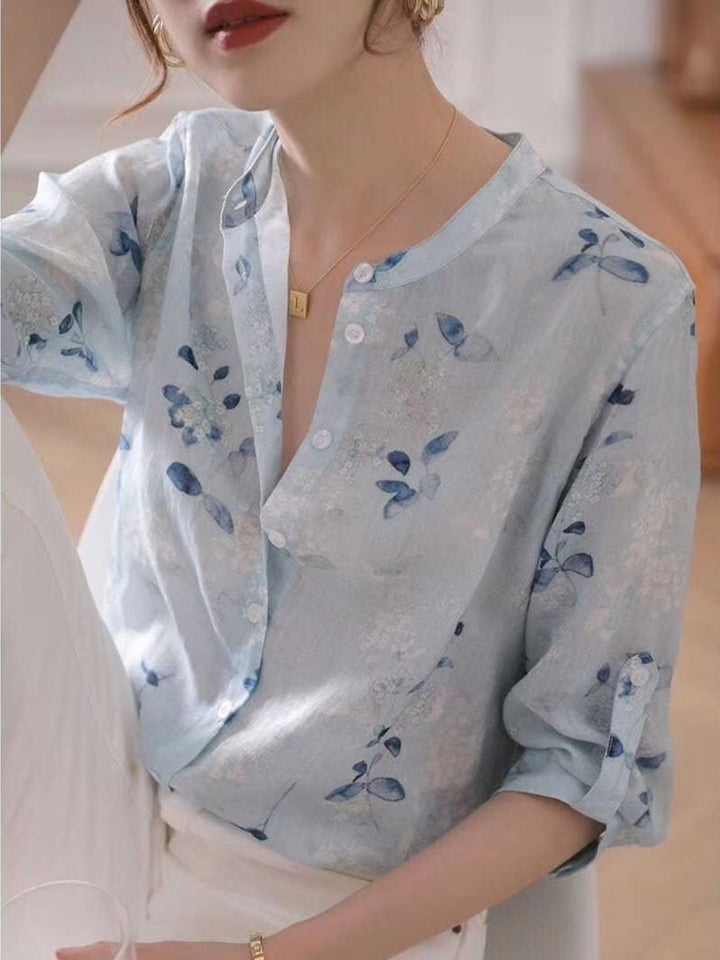 Chiffon Cotton and Linen Blue Floral Shirt