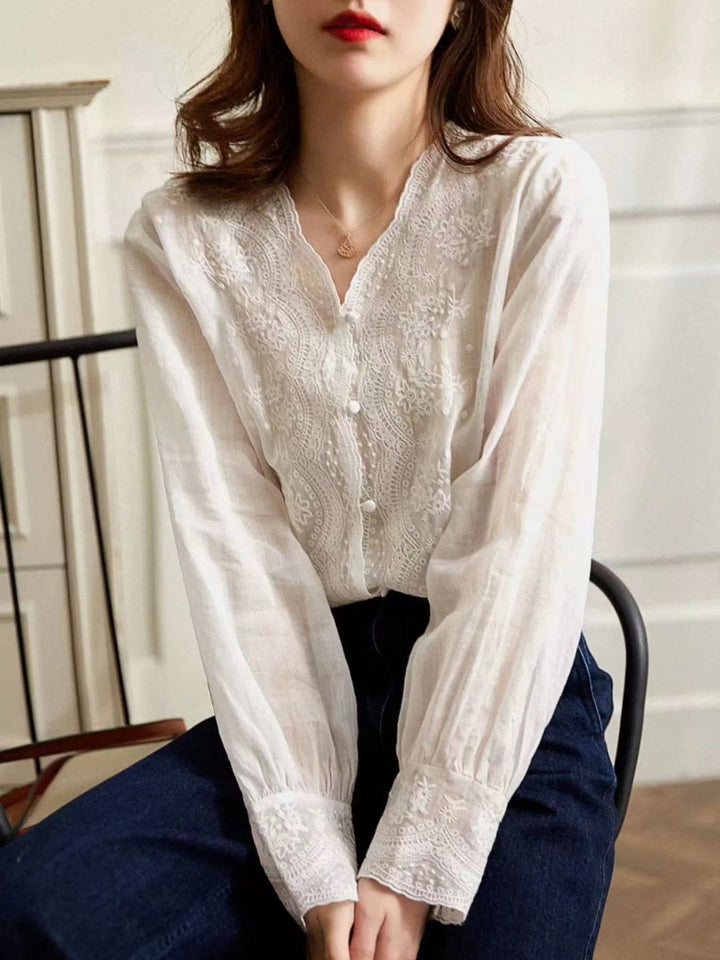 Simple Design V-Neck Shirt White