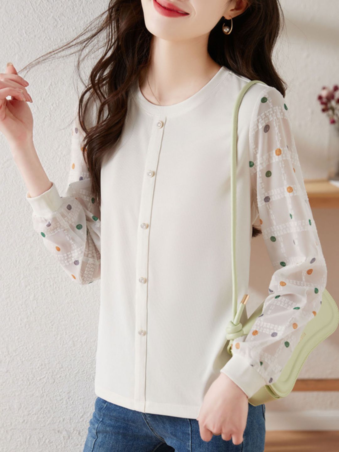 Polka Dot Long Sleeve Knit Top