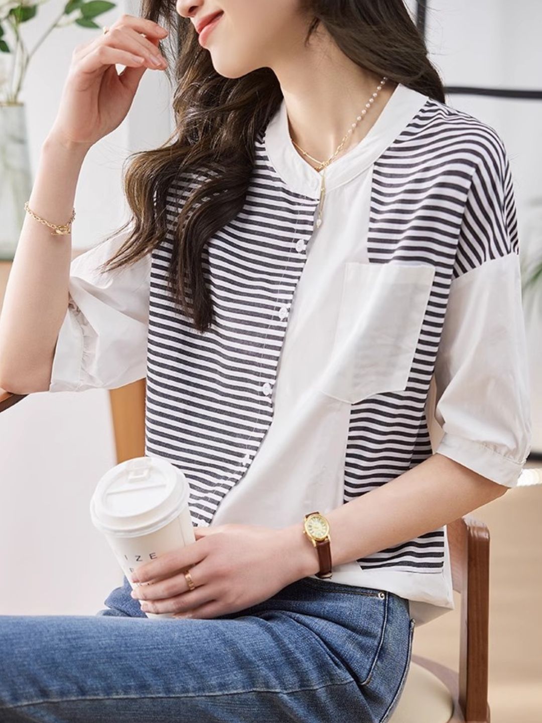 Paneled Striped Top - White