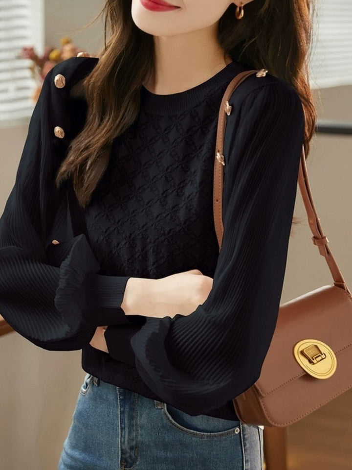 Lace Panel Mesh Long Sleeve T-Shirt -Black