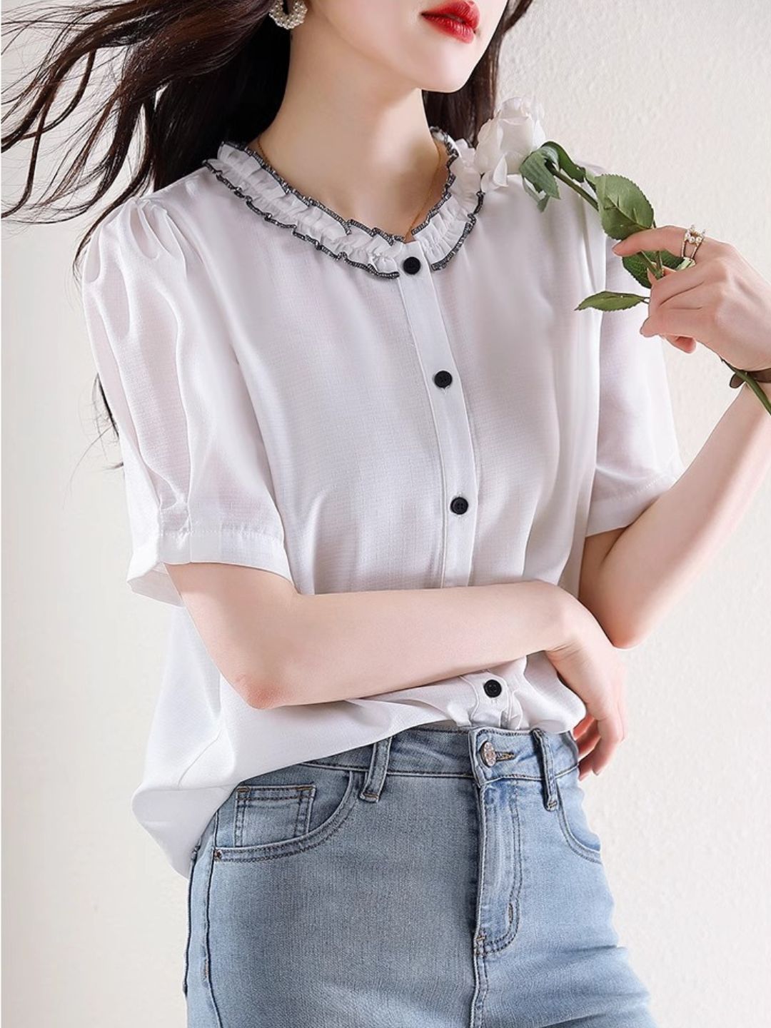 Versatile Chiffon Short-sleeved Shirt - Black