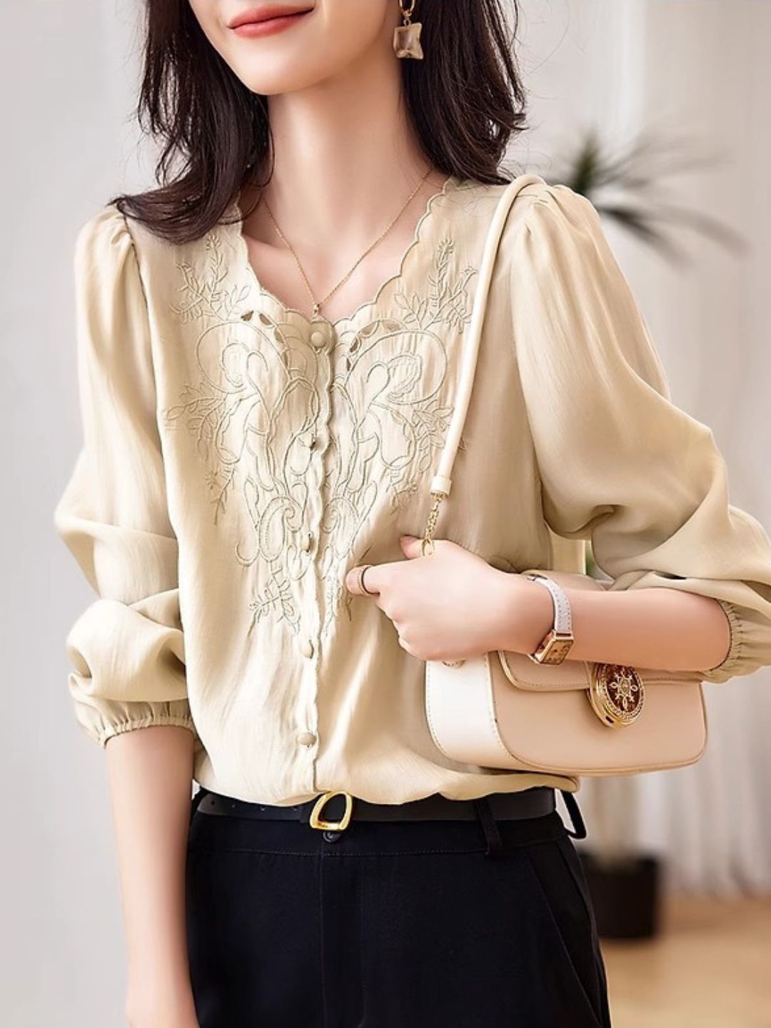 Embroidered Long-sleeved Shirt -Purple