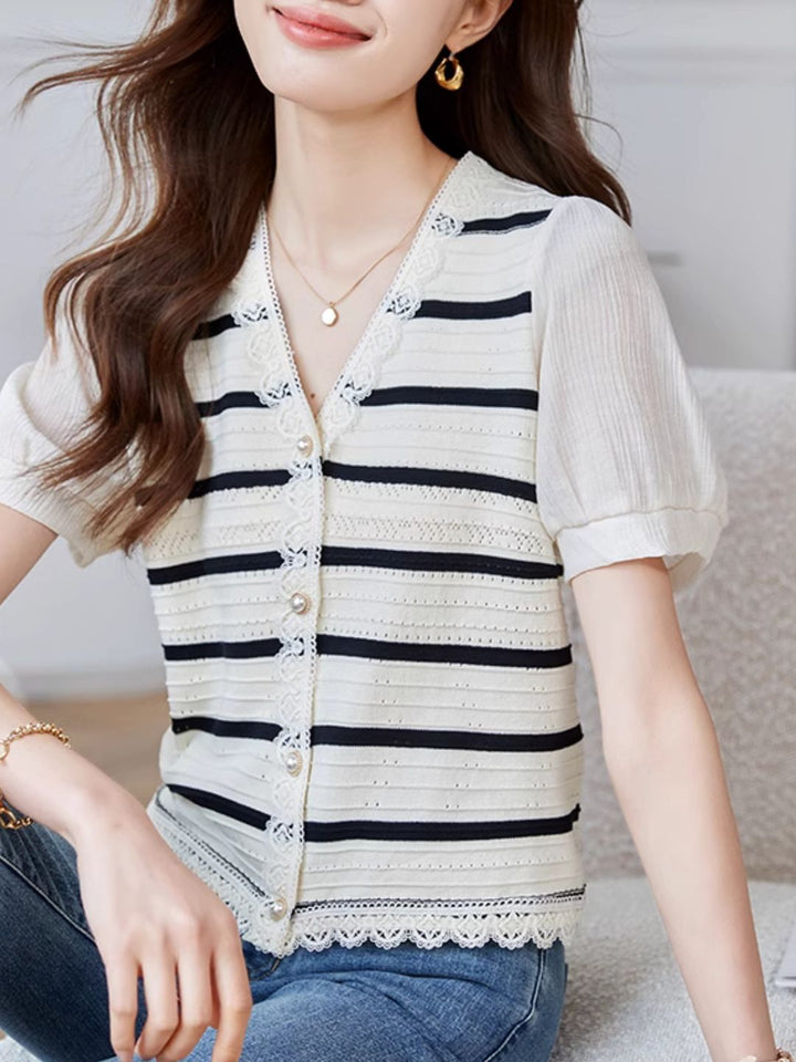 Striped Knit Cardigan Hollow Puff Sleeve Top
