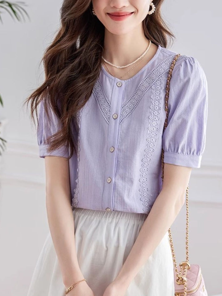 Elegant  Puff Sleeve Shirt - Purple