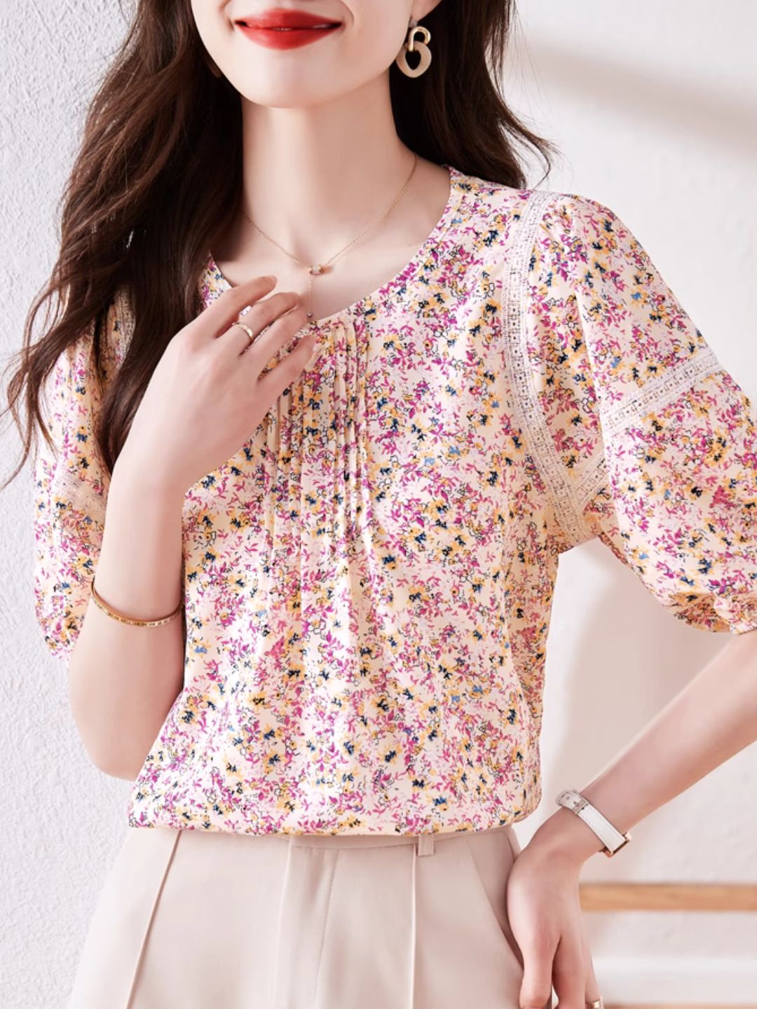 Round Neck Floral Puff Sleeve Chiffon Shirt - Green
