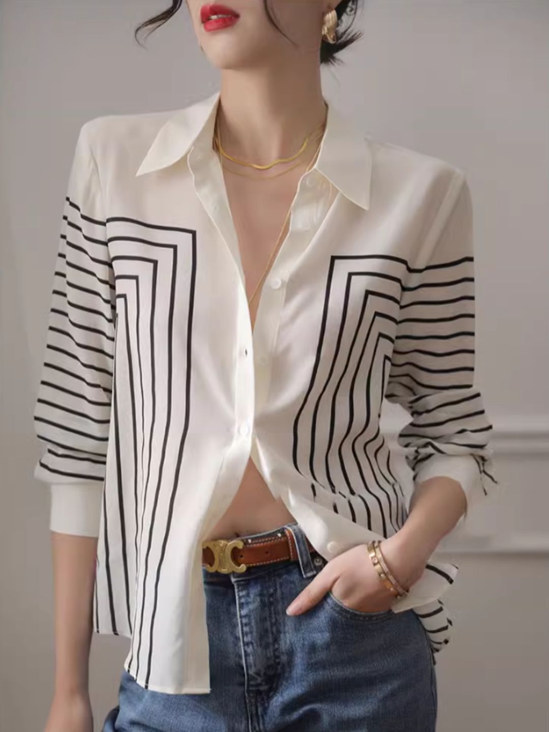 Temperament Striped Shirt Long Sleeve Top