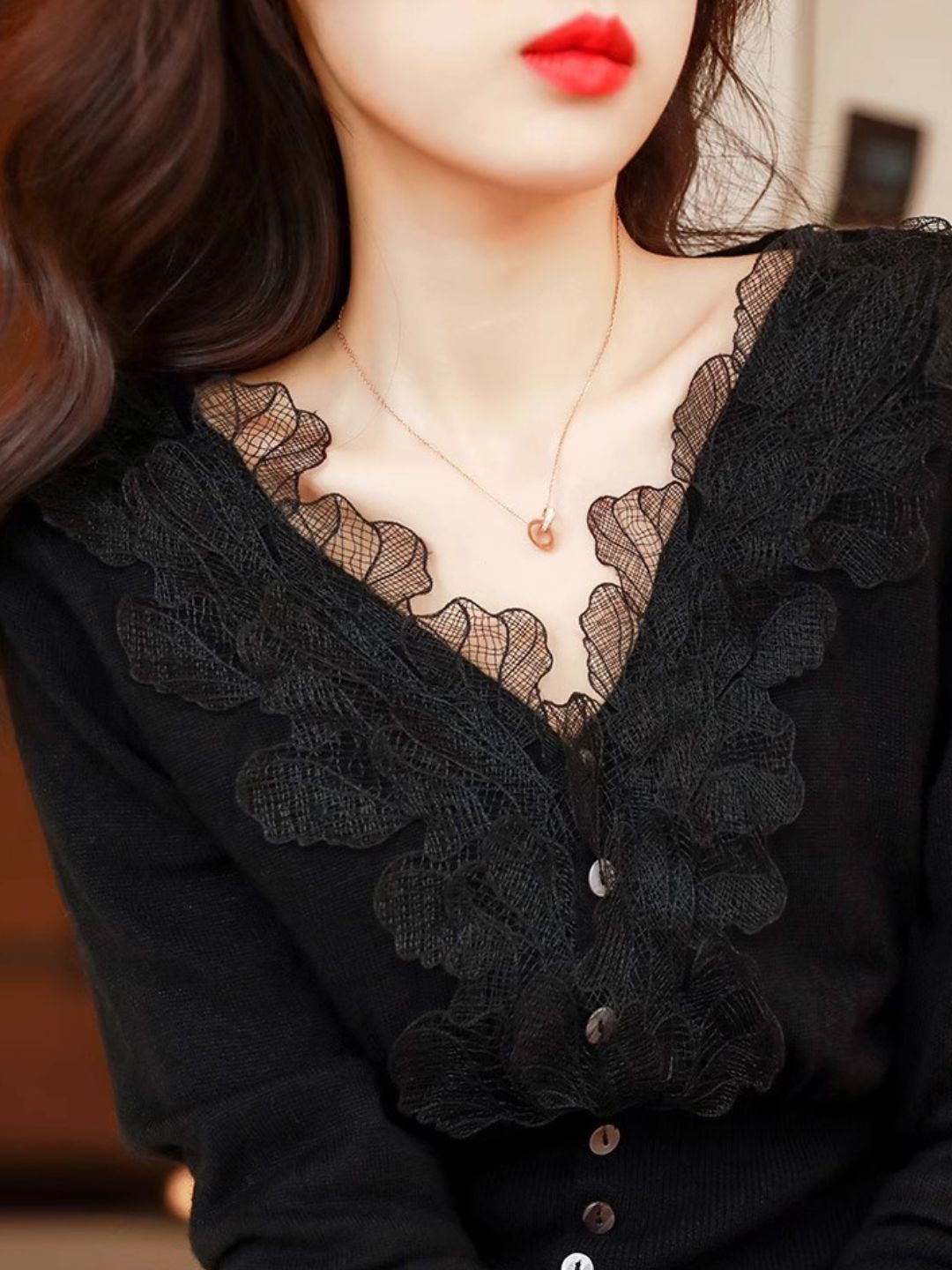 Elegant V-neck Lace Knitted Cardigan - Pink