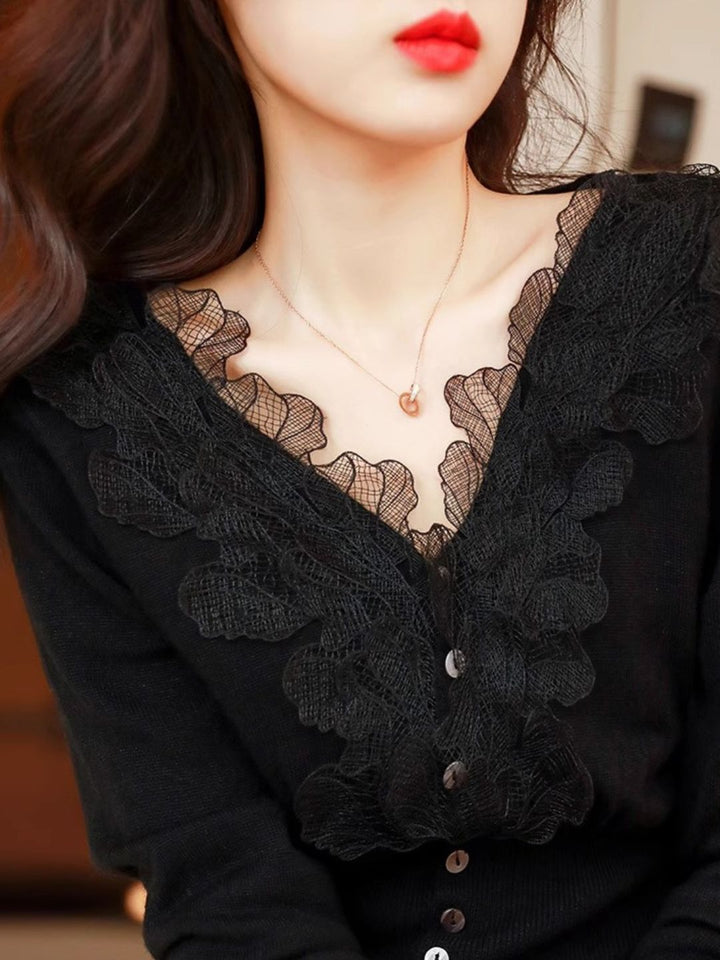 Elegant V-neck Lace Knitted Cardigan - Pink