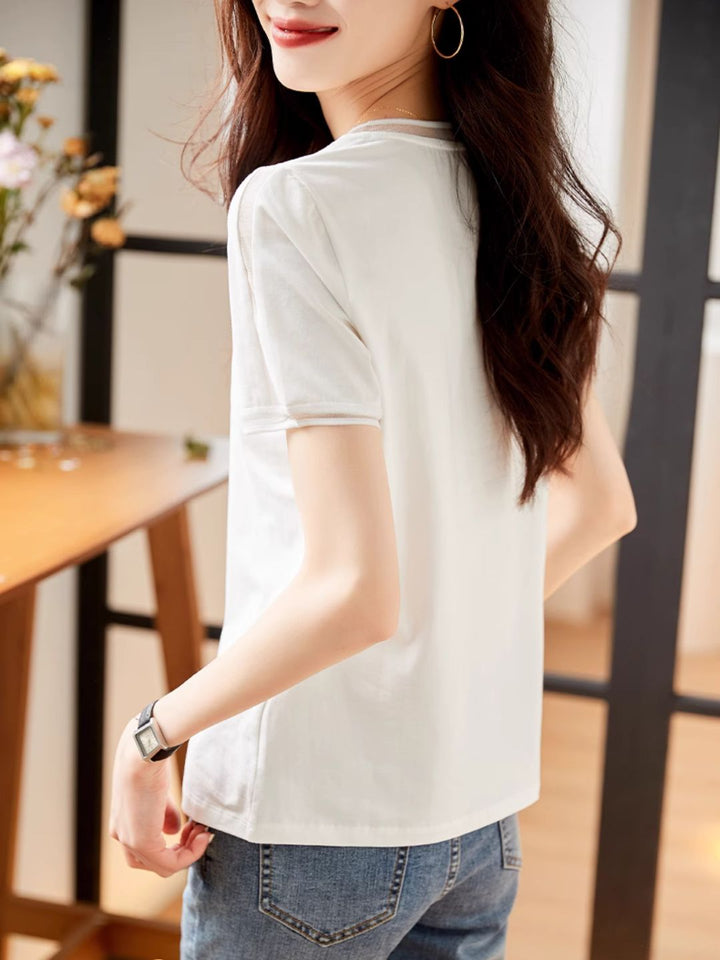 All-match V-neck White Short-sleeved