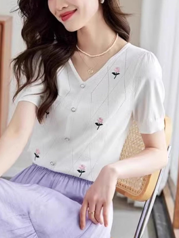 V-Neck Knitted Top With Hollow Embroidery