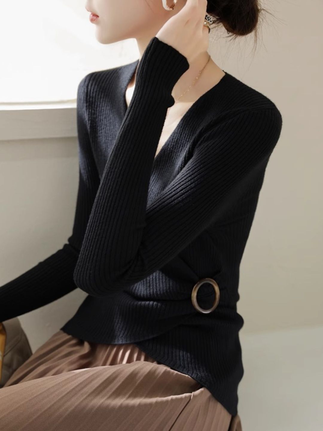 Classic V-Neck Solid Color Knitted Sweater