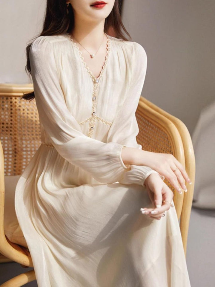 Elegant V-Neck Long-Sleeved Dress