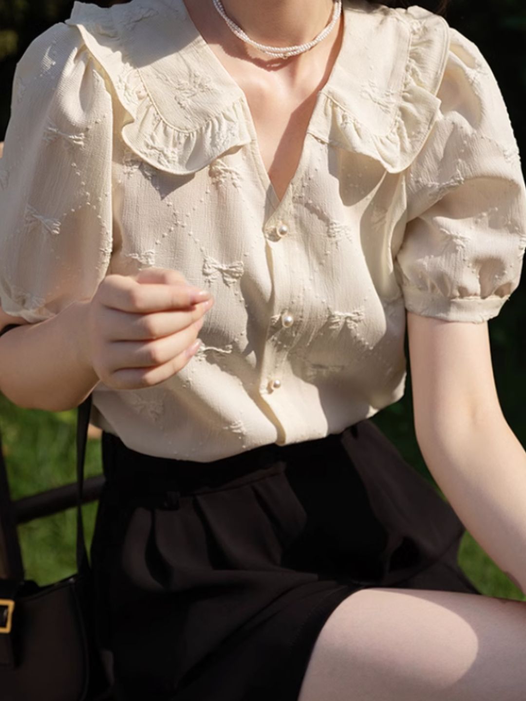 Bow Jacquard Short-sleeved Shirt