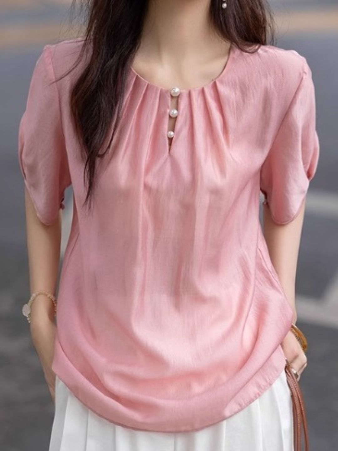 Round Neck Teardrop Button Top
