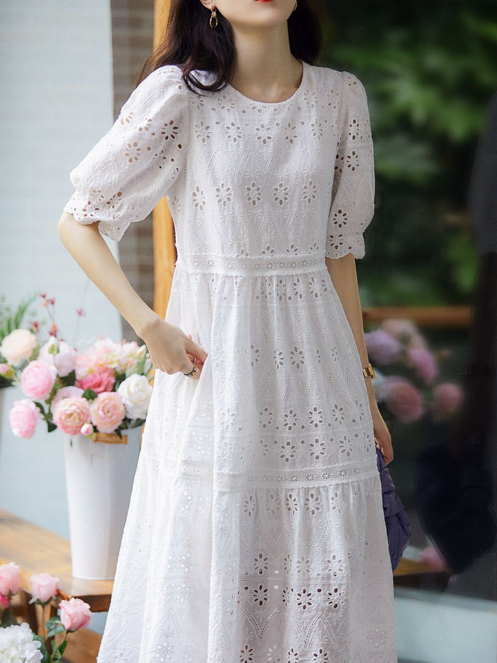 Classic Puff Sleeve Embroidered Hollowed Dress