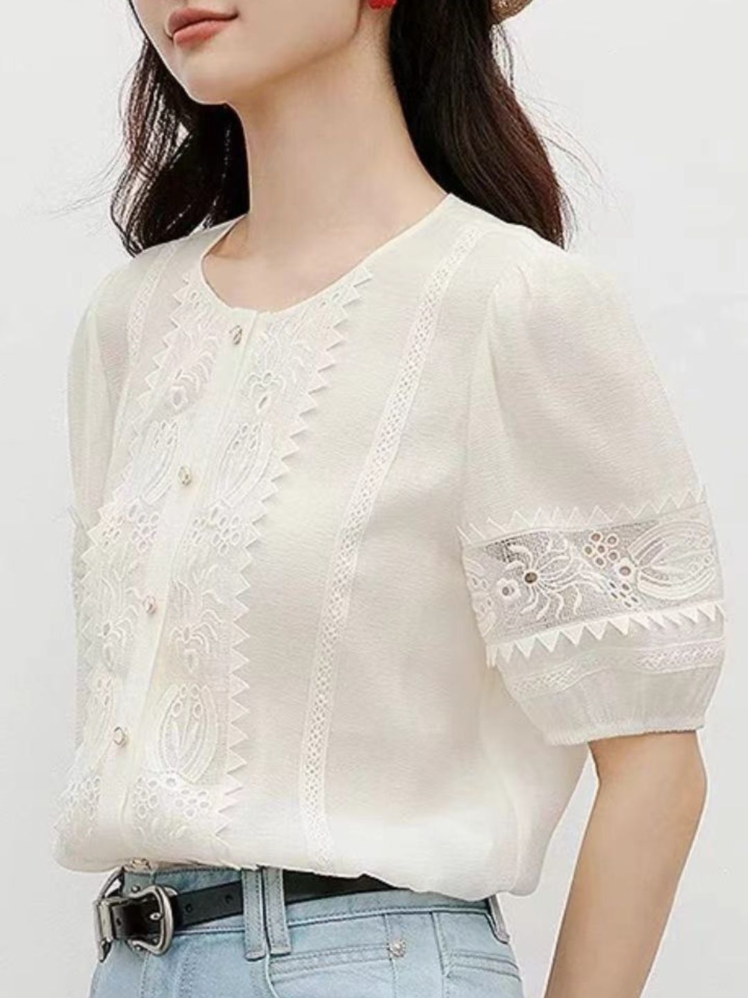 Round Neck Lace Embroidered Shirt