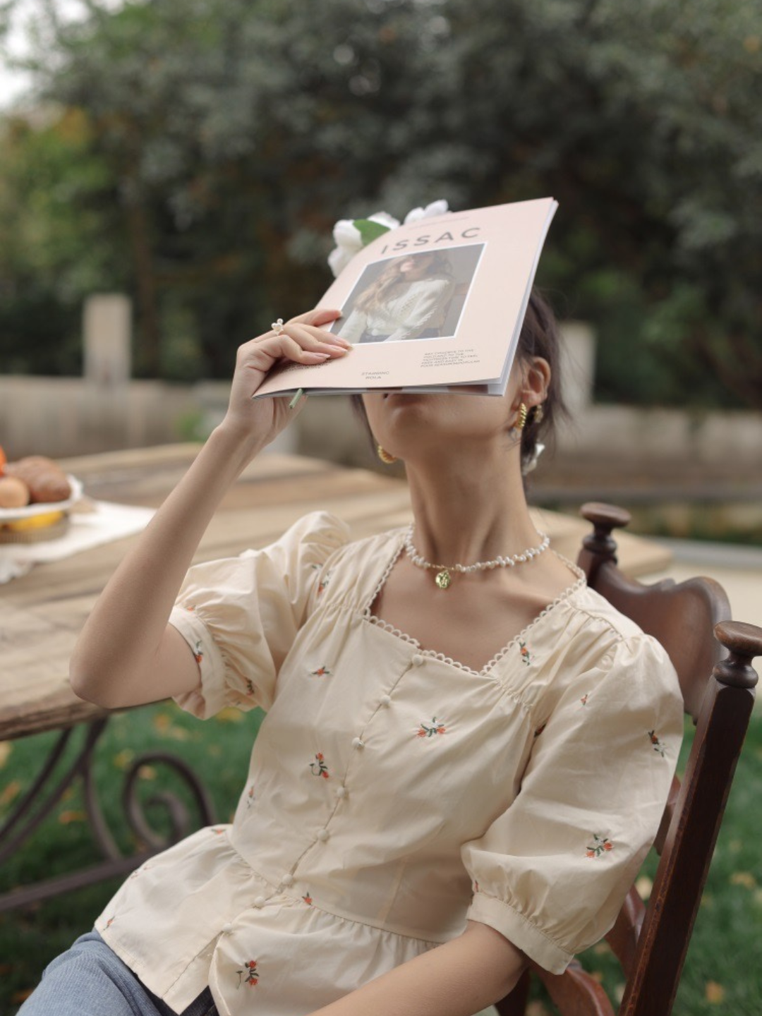 Square Neck Short Sleeve Embroidered Shirt