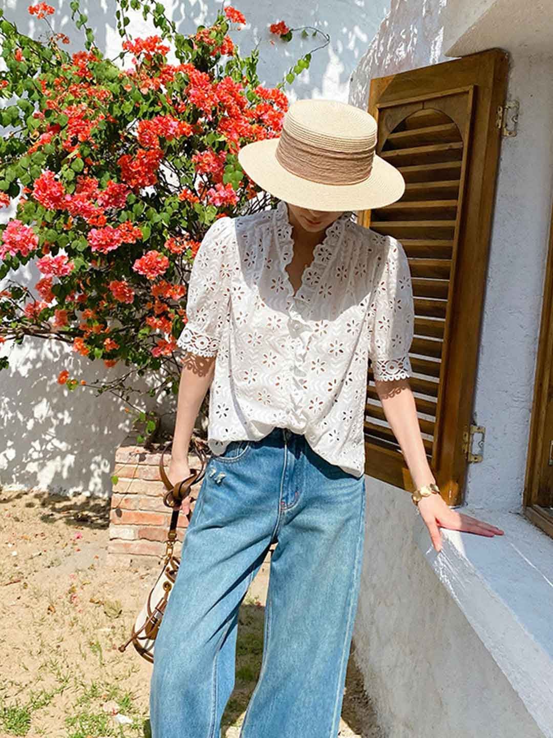 Elegant V-Neck Puff Sleeve Embroidered Top