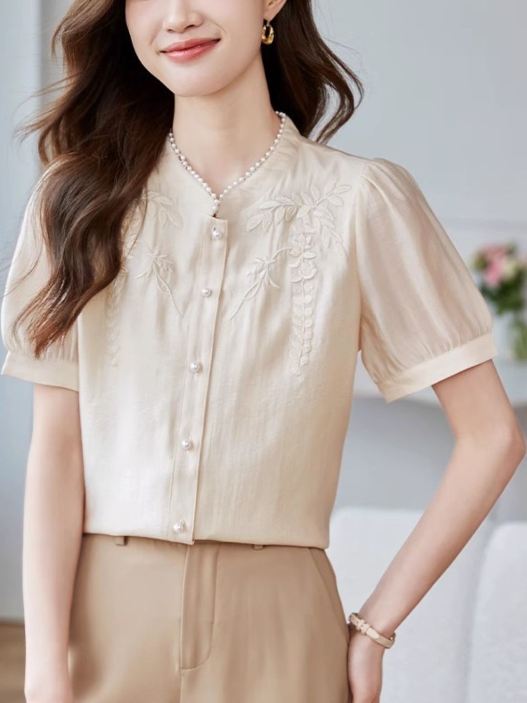 Embroidered Short Sleeve Chiffon Shirt - Apricot