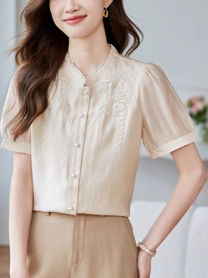 Embroidered Short Sleeve Chiffon Shirt - Apricot